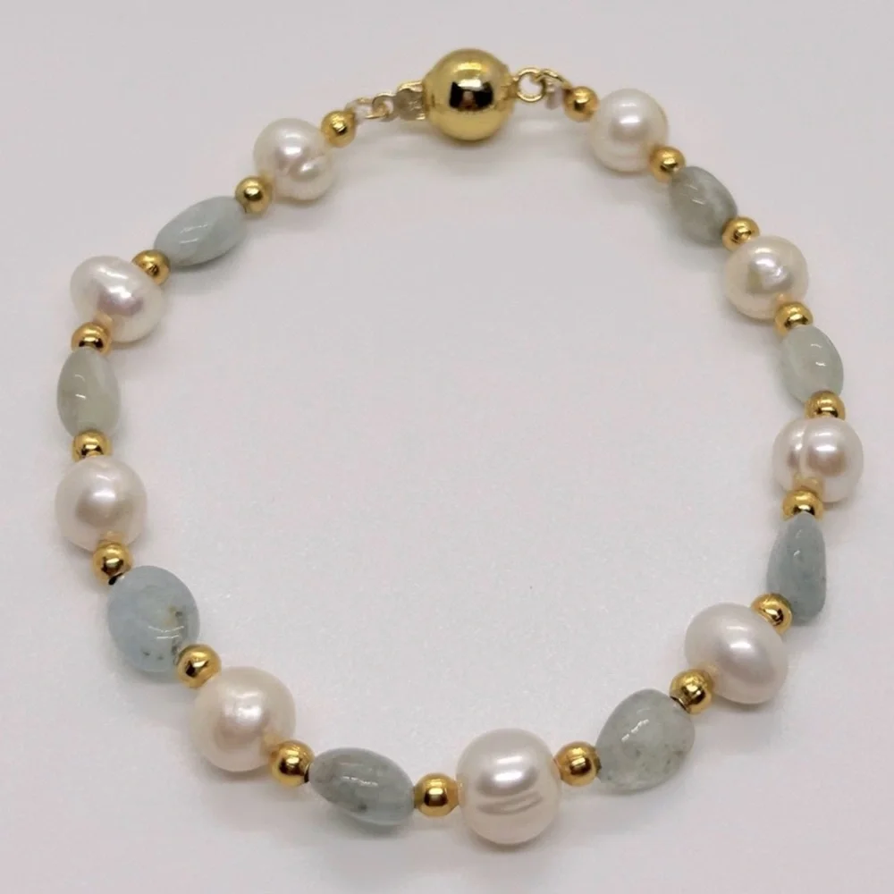 White Freshwater Pearl & Aquamarine Stones 18K GP Necklace & Bracelet Set